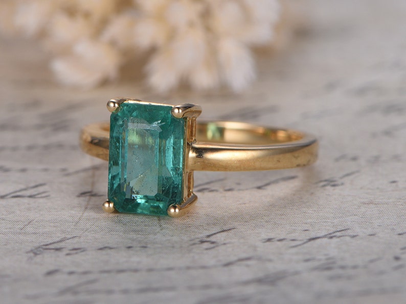 Emerald Engagement Ring Emerald Cut Ring 14K Yellow Gold Emerald Ring May Birthstone Ring image 2