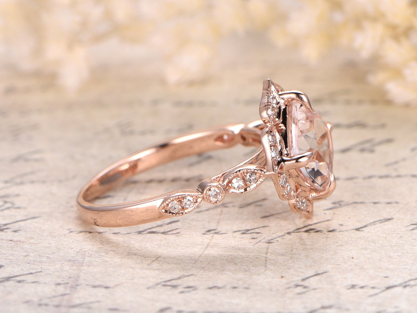 14K Rose Gold Morganite Engagement Ring Pave Diamond Wedding | Etsy