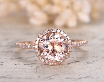 8mmRound Morganite Ring Rose Gold Morganite Engagement Ring Pave Diamond Band Halo Diamond Engagement Ring 6-Prongs Set Ring Moissanite band