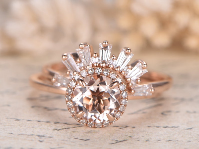 Pink Morganite Ring Set Rose Gold Diamond Crown Band 7mm Round | Etsy