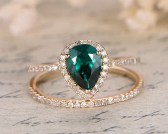 2 Rings Set, Emerald Wedding Ring Set, Pear Cut Emerald Engagement Ring, Diamond Wedding Matching Band, Bridal Set, 14k Yellow Gold