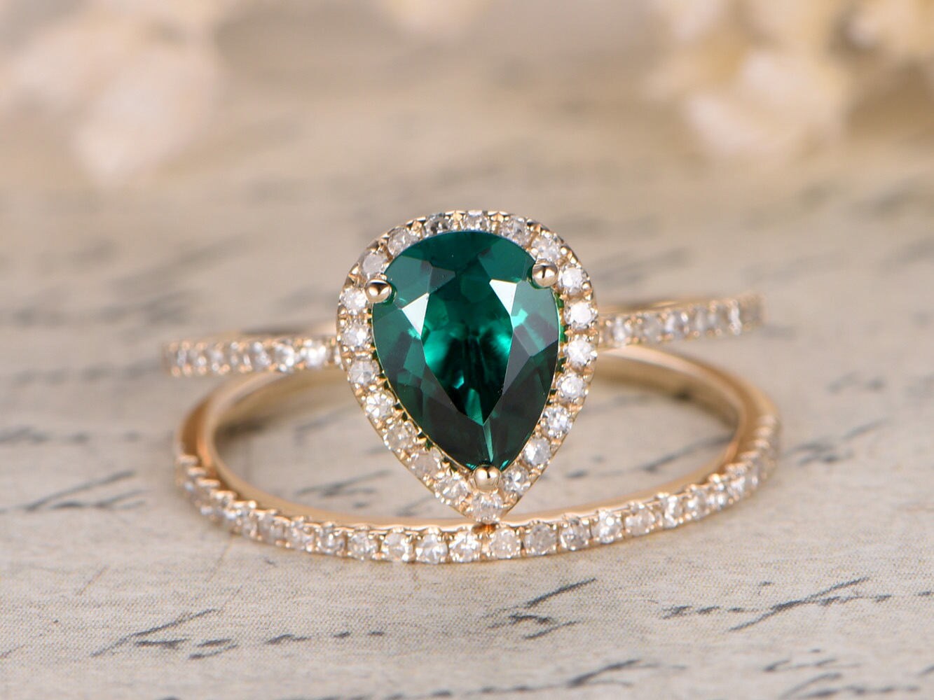 2 Rings Set Emerald Wedding Ring Set Pear Cut Emerald Etsy