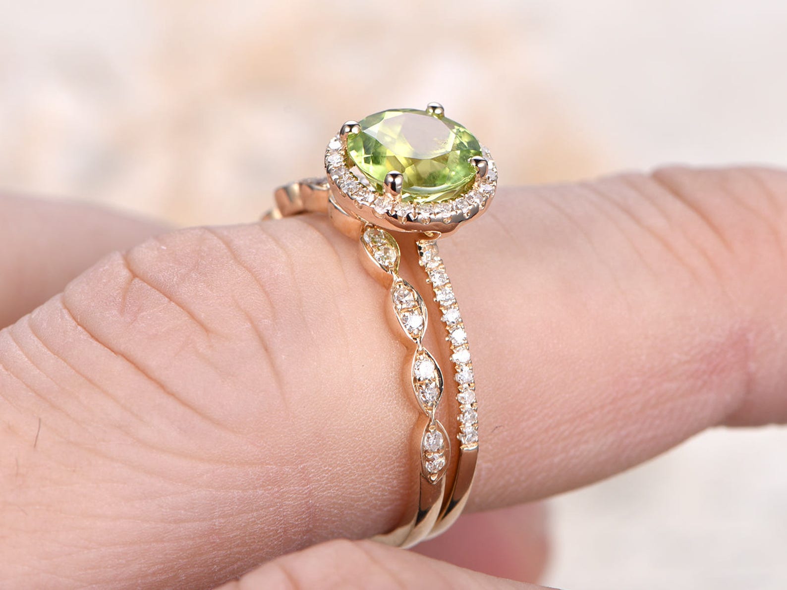 Peridot Engagement Ring Set 7mm Round Cut Peridot Bridal Sets Etsy