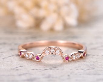 Milgrain Art Deco Diamond & Ruby Engagement Ring Wedding Band Half Eternity Band Bezel Set Marquise and Dot Ring in 14k Rose Gold