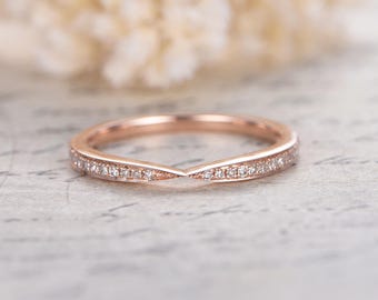 Curved Wedding Band Chevron Wedding Band,Twist Wedding Ring,Half Eternity Ring, Art Deco Band,Vintage Style Stacking Ring 14K Rose Gold