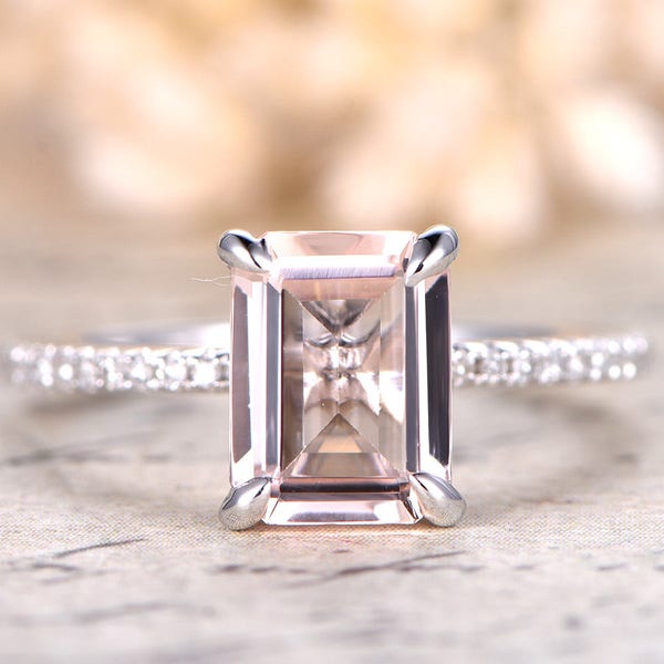 Morganite Ring White Gold, Morganite Engagement Ring,White Gold Wedding Band Women,Emerald Cut Engagement Ring,6*8mm,14K Solid Gold