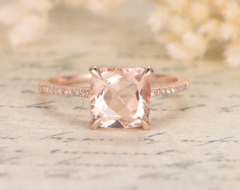 8mm Morganite Ring Rose Gold Diamond Wedding Band Cushion Morganite Engagement Ring Morganite Solitaire Ring Propose Ring Deco Promise Ring