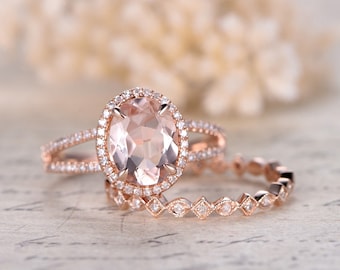 14K Rose Gold Morganite Engagement Ring Set 2pcs diamond ring set 8x10 Oval Pink Morganite engagement and wedding ring set Split Band gift