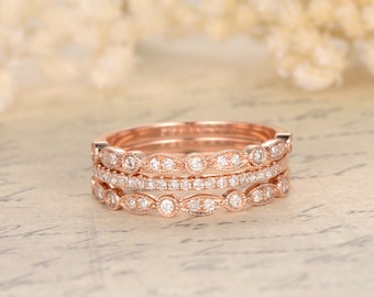 3 Wedding Rings Set! Three Half Eternity Ring Set,Diamond Wedding Band,14K Rose Gold,Art Deco,Stacking Ring,Anniversary Band,Promise Ring