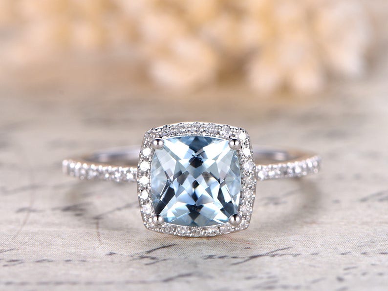 7mm Cushion Cut Aquamarine Ring for woman Diamond Halo Ring,Aquamarine Engagement Ring ,14k White Gold Ball Set,Vintage image 1