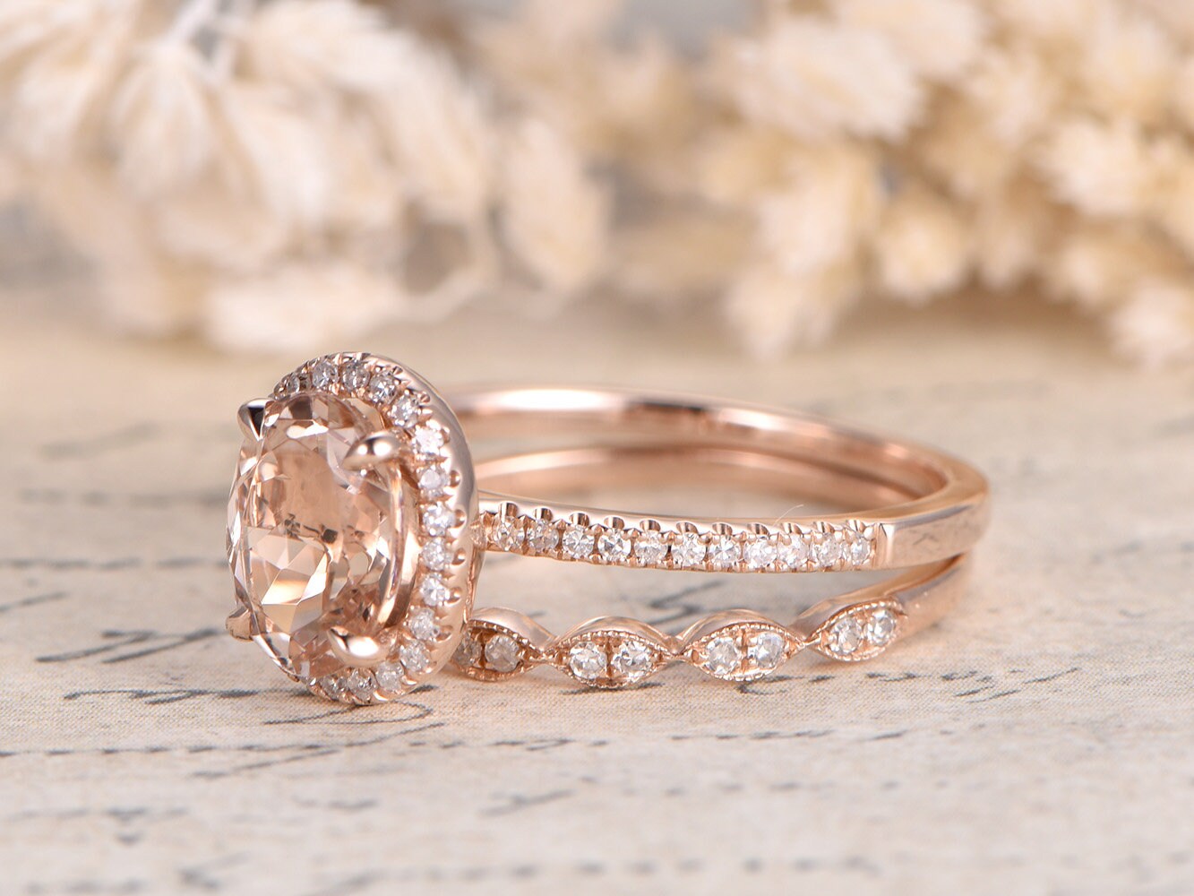 Peach Morganite Engagement Ring Set Rose Gold 7x9mm Oval - Etsy