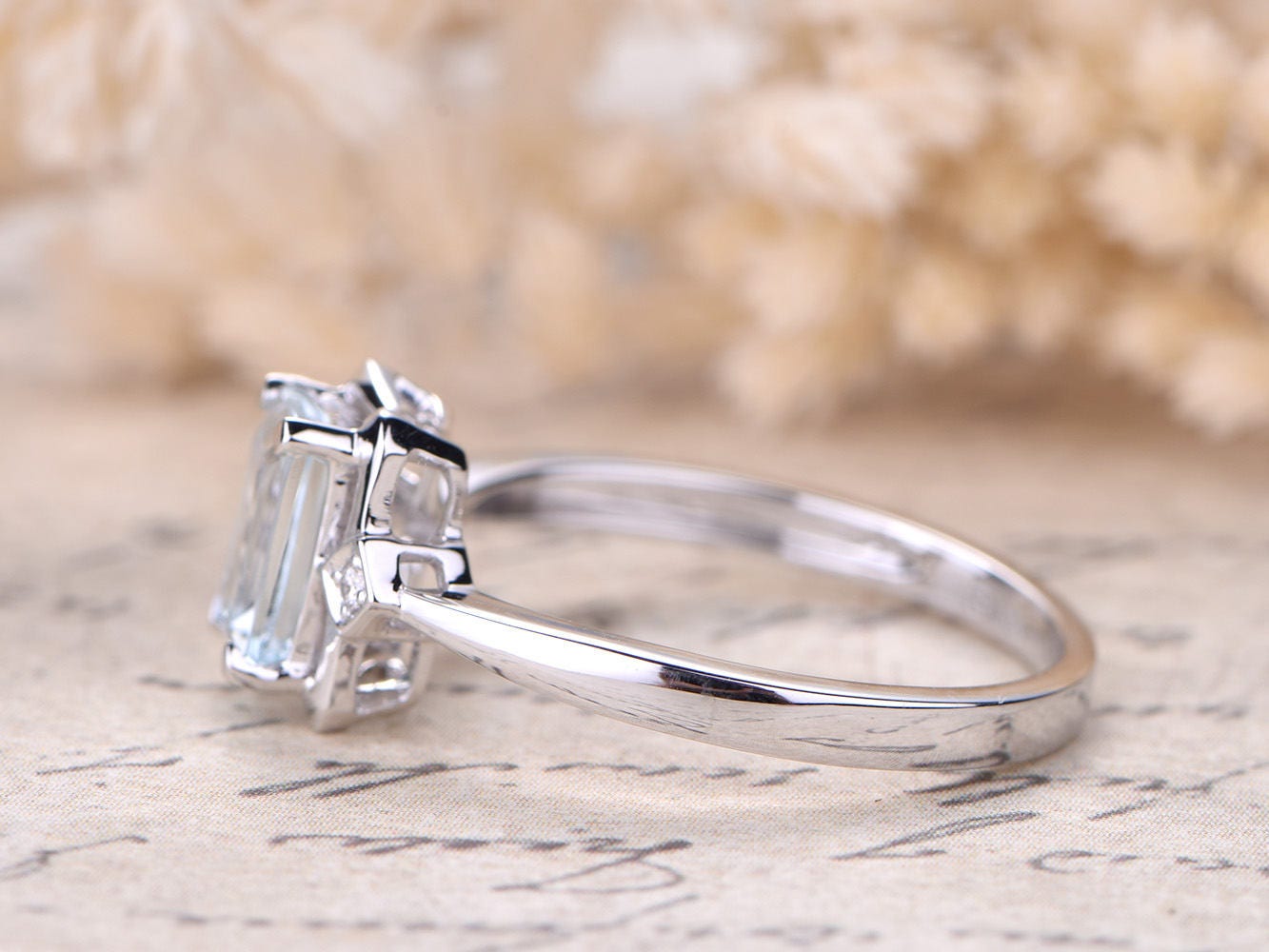 57mm Aquamarine Ring 14K White Gold Emerald Cut Diamond Ring | Etsy