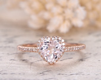 Morganite Ring 14K Rose Gold Bridal Ring SI Diamond Wedding Band 6mm Heart Cut Morganite Engagement Ring Diamond Halo Ring Best Gift for Her