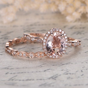 7x9mm Oval Morganite Rose gold Engagement Ring Set,Wedding Ring Set,14K  Diamond Band,2pcs Rings Set,Valentine's Gift,gold stacking ring set