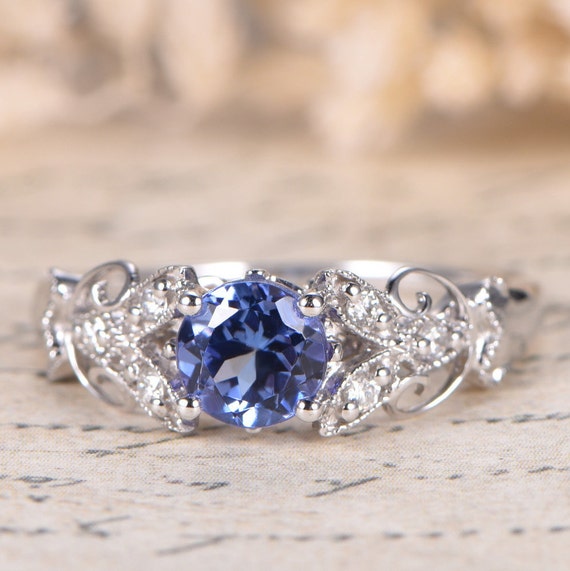 VS Natural Tanzanite Ring 14K White Gold Diamond Wedding Band