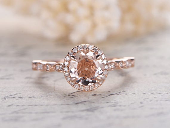 14K Rose Gold Morganite Engagement Ring Pave Diamond Wedding | Etsy