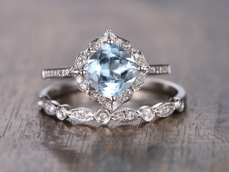 Aquamarine Ring Bridal Set 7mm Cushion Cut Vintage Floral