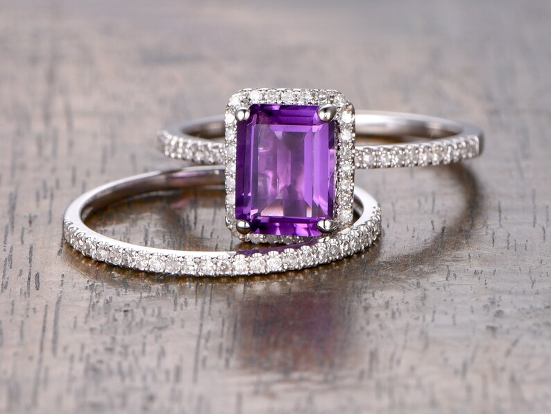 Amethyst Wedding Ring Set Emerald Cut 6x8mm Amethyst | Etsy
