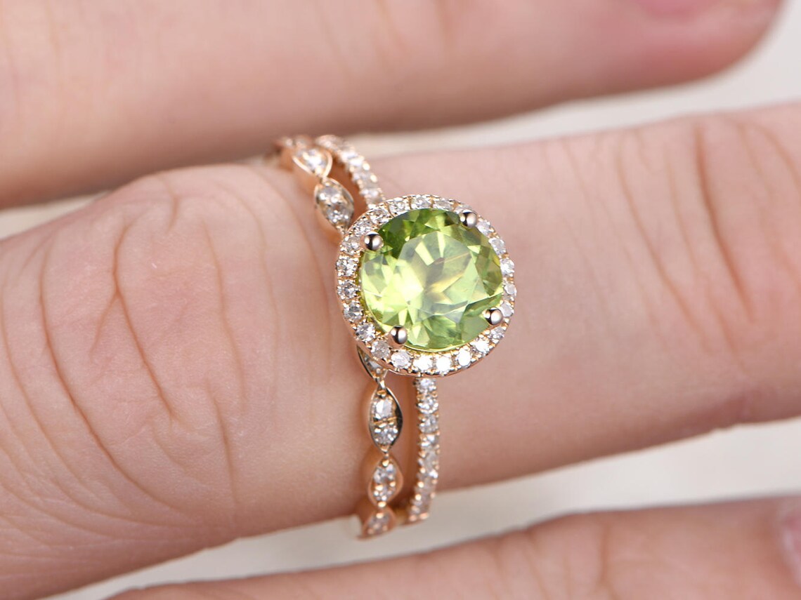 Peridot Engagement Ring Set 7mm Round Cut Peridot Bridal Sets Etsy