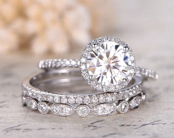 3pcs Moissanite Engagement Ring Set 7mm Round Cut Moissanite Wedding Band White Gold Half Eternity Band 14K Rose Gold Vintage Bridal Set