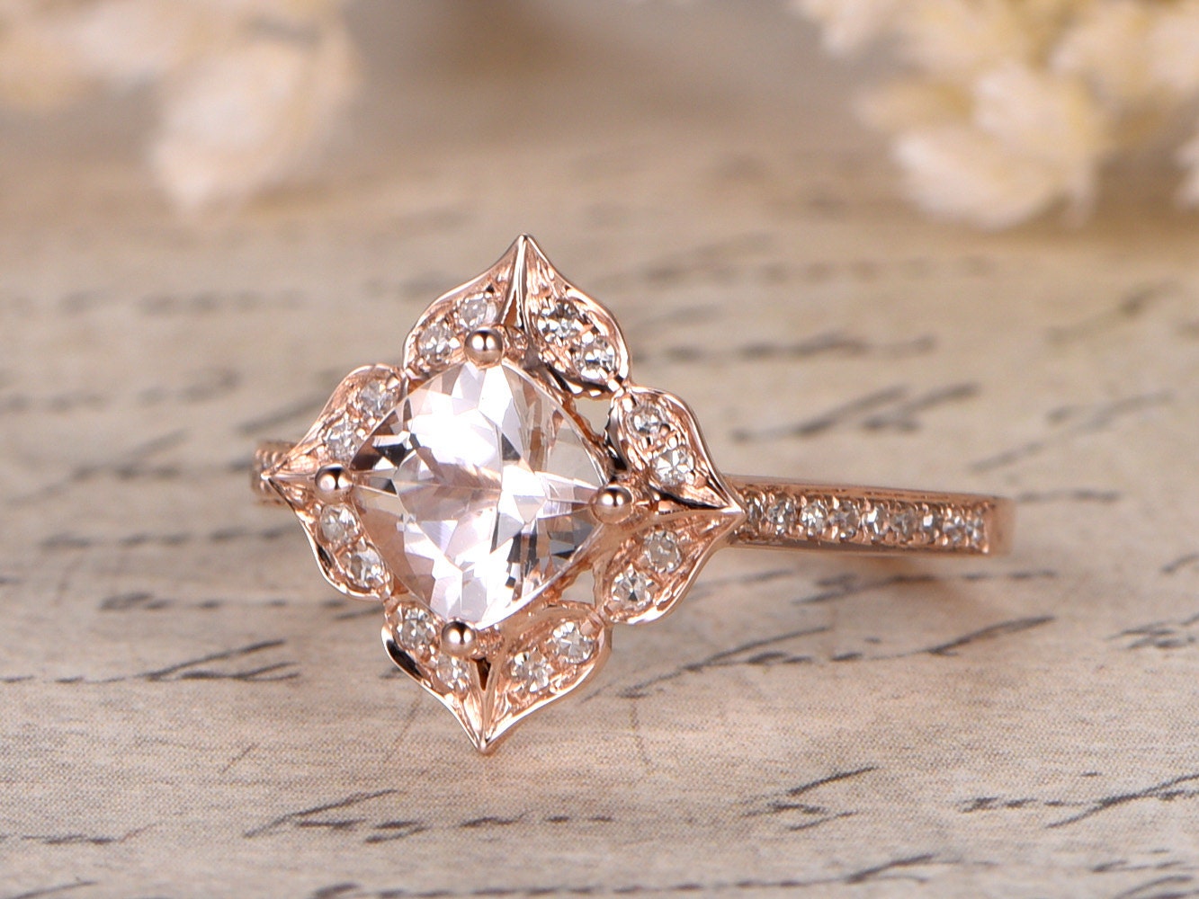 6.5mm Pink Morganite Ring 14K Rose Gold Diamond Wedding Ring - Etsy