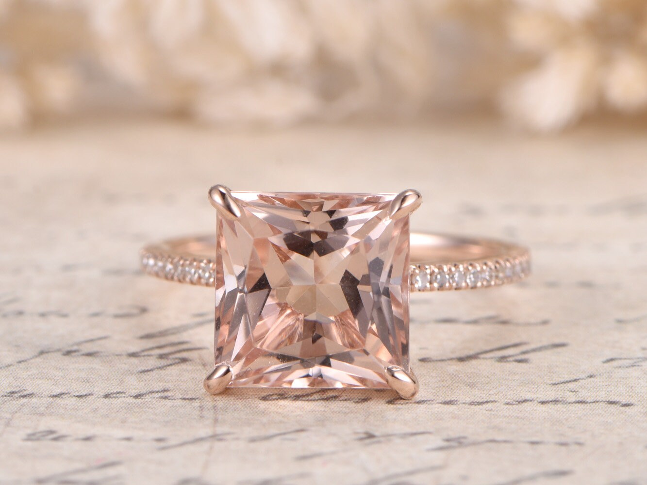 Morganite Engagement Ring Princess Cut Engagement Ring 14k Rose