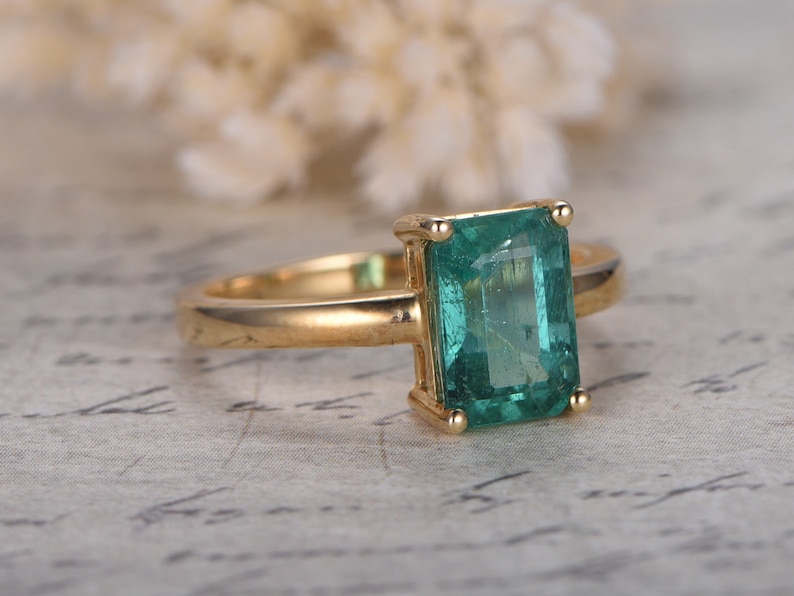 Emerald Engagement Ring Emerald Cut Ring 14K Yellow Gold Emerald Ring May Birthstone Ring image 1