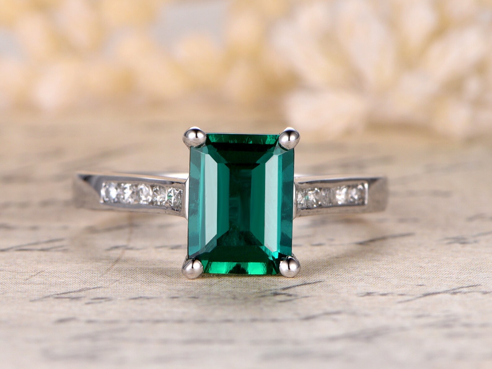 Emerald Engagement Ring Emerald Cut Ring 14K White Gold Etsy