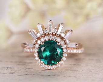 Emerald Engagement Ring Set 7mm Round  Emerald Ring VintageCrown Diamond Wedding Band 2pcs DiamondRing Set 14k Rose Gold Anniversary Ring