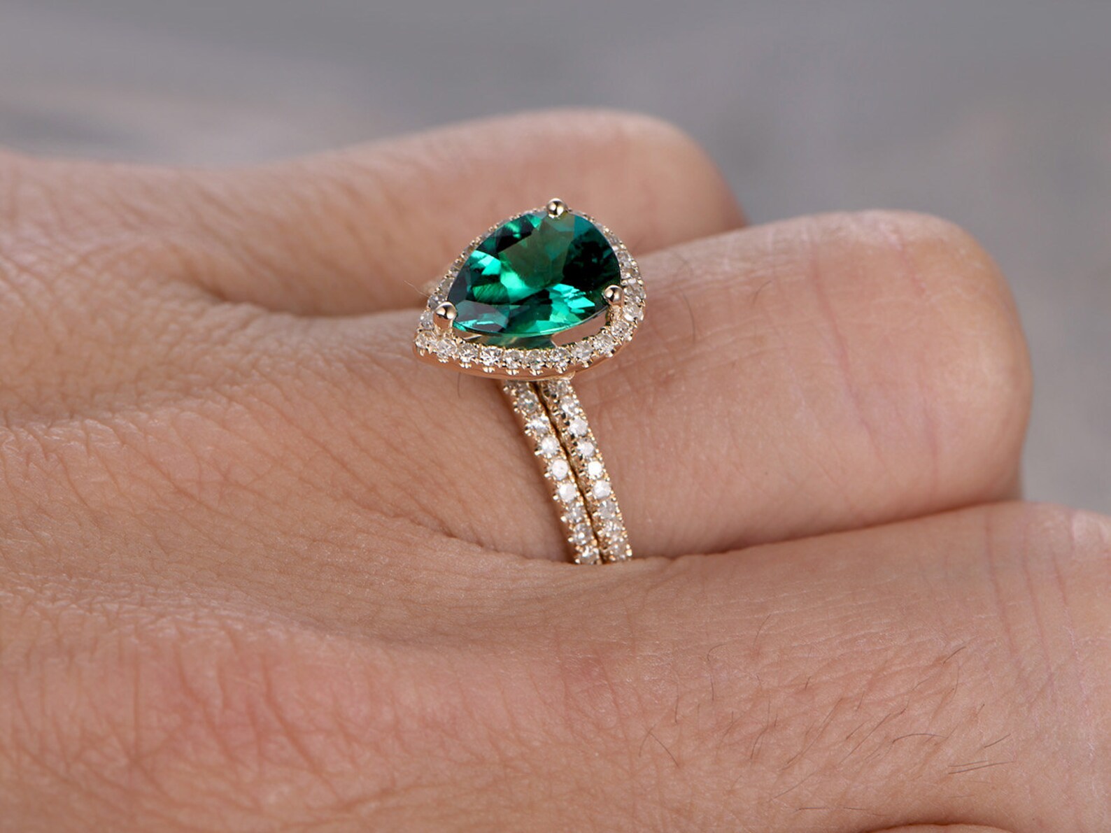 2 Rings Set Emerald Wedding Ring Set Pear Cut Emerald Etsy