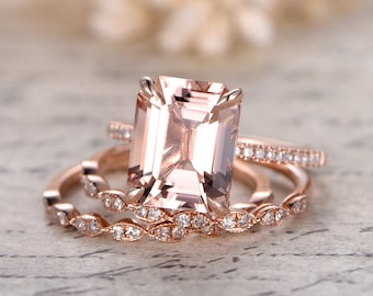 3pcs Morganite Engagement Rings Set,9x11 Emerald Cut Morganite Ring, Marquise Diamond Bands,Claw Prong,Solitaire Ring Set,dainty ring set