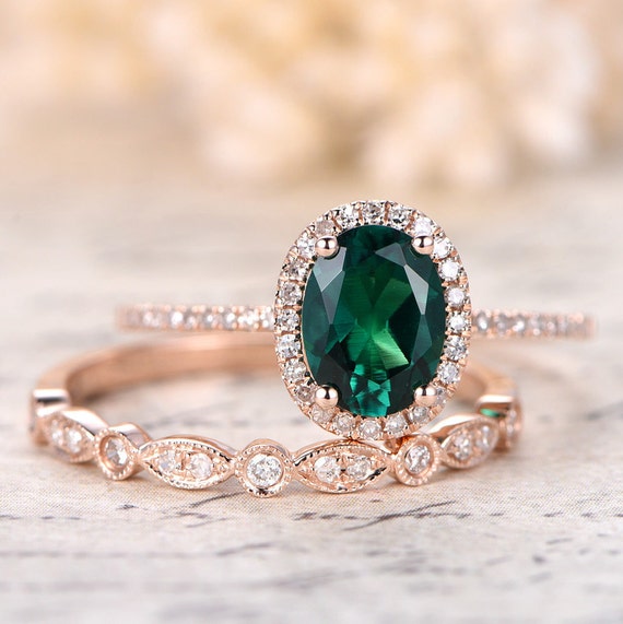 6x8mm Oval Emerald Ring Set Milgrain Wedding Band Bridal - Etsy
