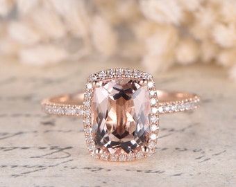 Morganite Ring Rose Gold Diamond Wedding Ring 7x9m Cushion Morganite Engagement Ring Full Eternity Diamonds Wedding Ring Vintage Women Ring