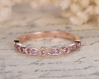 Amethyst Wedding Bands Half Eternity Bands Bezel Engagement Ring  Milgrain Wedding Band Art Deco Diamond Wedding Ring in 14k Rose Gold