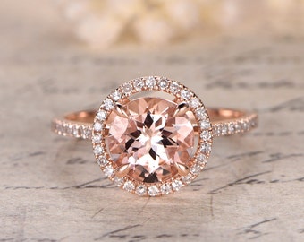 7mm Vintage Morganite engagement ring yellow gold ring, diamond halo ring women, art deco ring, unique anniversary ring , bridal ring