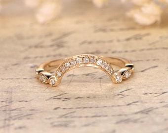 Diamond Curved Wedding Ring,Half Eternity,Anniversary Band,Marquise&Circle Shape Ring,Art Deco,14K Yellow Gold,Matching Band,Custom Ring