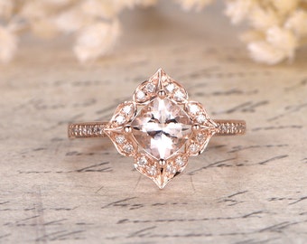 6.5mm Pink Morganite Ring 14K Rose Gold Diamond Wedding Ring Cushion Morganite Engagement Ring Floral Leaf Halo Diamond Ring Women Wedding