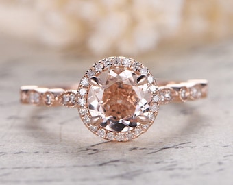 Art Deco Morganite Engagement Ring Rose Gold Pave Diamond Wedding Band 7mm Round Cut Pink Gemstone Promise Ring 14K gold morganite halo ring