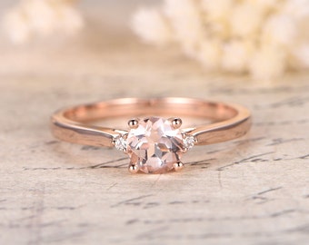 1ct Morganite Engagement Ring Rose Gold 3 Stones Ring Diamond Wedding Ring 6.5mm Round Cut Morganite Ring Anniversary Ring Vintage look