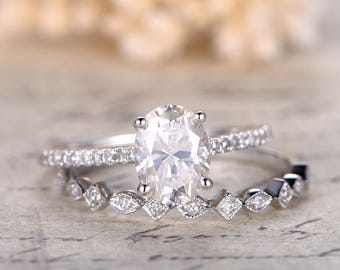 6x8 Oval  Moissanite Ring Set,Solid 14K White Gold Moissanite Engagement Ring Vintage,2pcs Diamond Wedding Rings,Half Eternity Diamond Ring