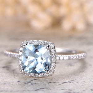 7mm Cushion Cut Aquamarine Ring for woman Diamond Halo Ring,Aquamarine Engagement Ring ,14k White Gold Ball Set,Vintage image 2