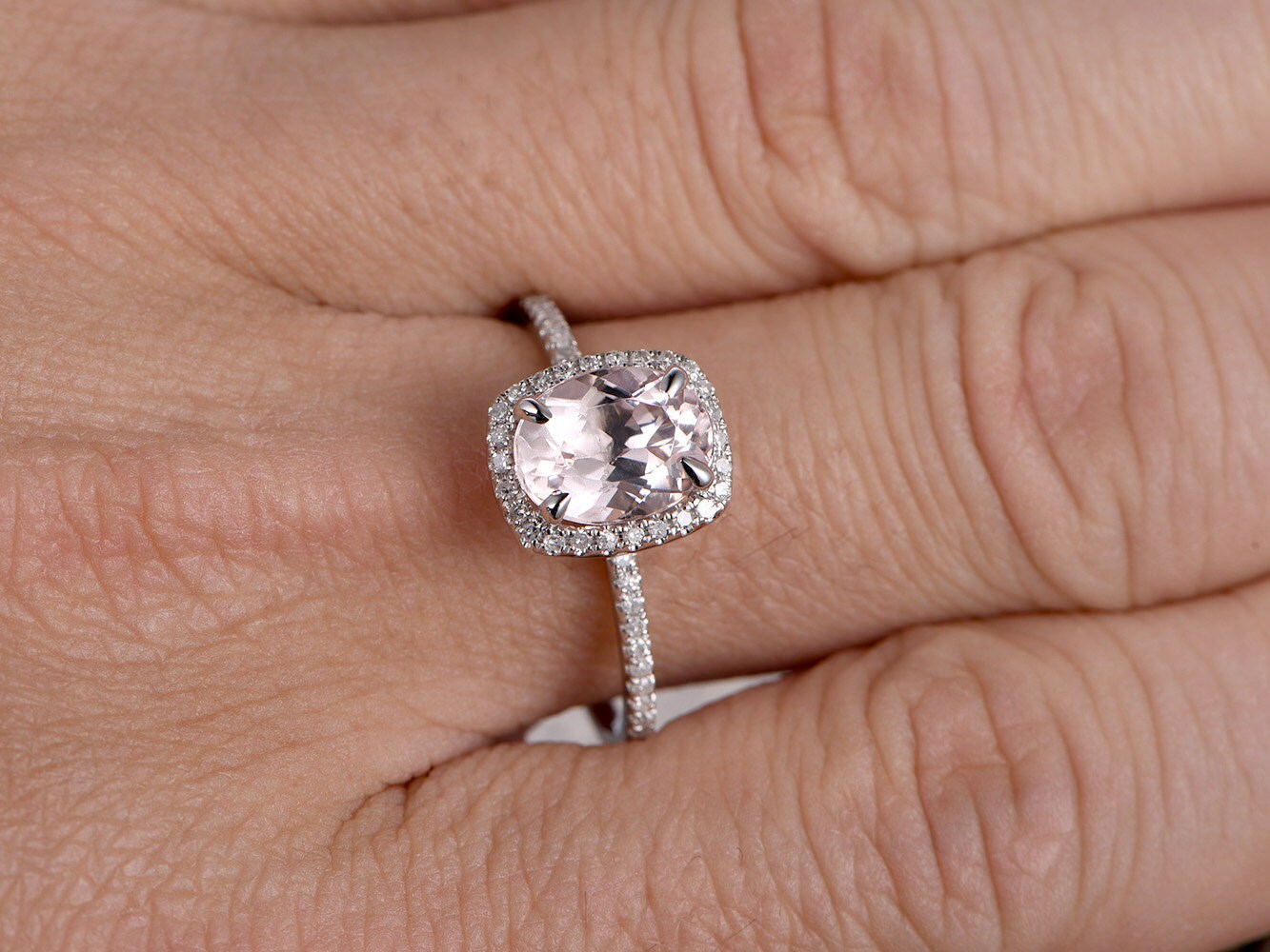 Morganite Ring 14K White Gold Cushion Halo Diamond Wedding | Etsy