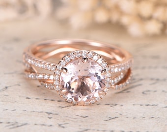 8mm Morganite Ring Set 14K Rose Gold Diamond Wedding Band Halo Diamond Ring Bridal Promise Ring VS Natural Morganite Engagement Ring Women