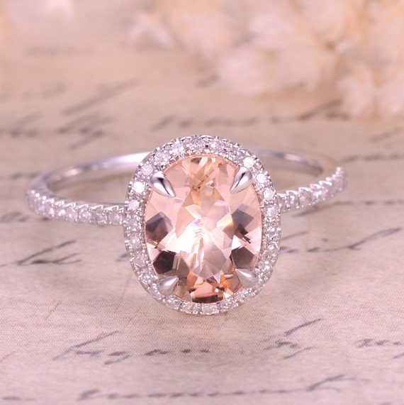 7x9mm Oval Peach Morganite Engagement Ring Wedding Ring Halo | Etsy