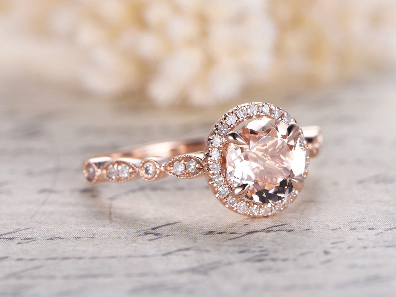 Art Deco Morganite Engagement Ring Rose Gold Pave Diamond | Etsy