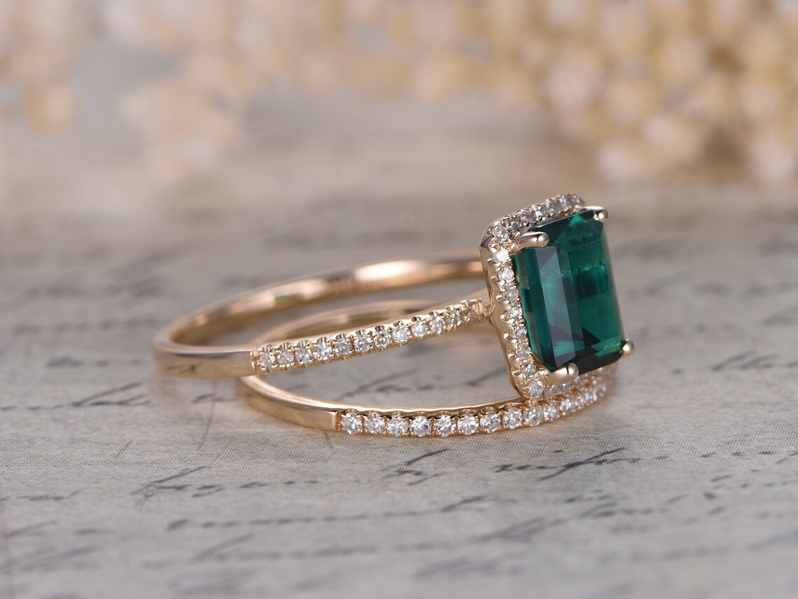 6x8mm Emerald Engagement Ring Set 14K Yellow Gold Emerald Ring Etsy