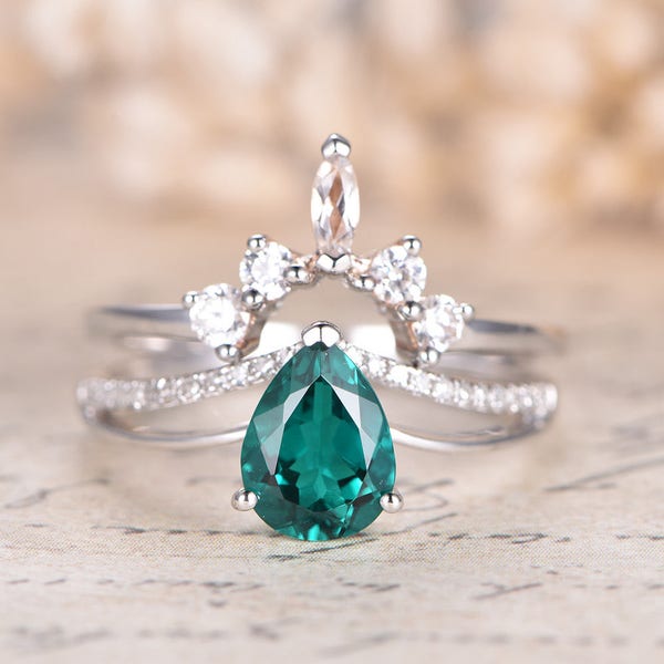 1ct Pear Cut Emerald Engagement Ring Set 14K White Gold Wedding Ring 2pcs Bridal Rings Set Crown Marquise Topaz Band Deco Moissanite Band