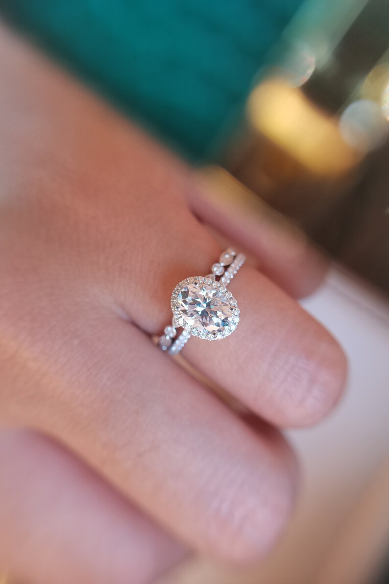 Oval Moissanite Engagement Ring Set White Gold 6x8mm image 1