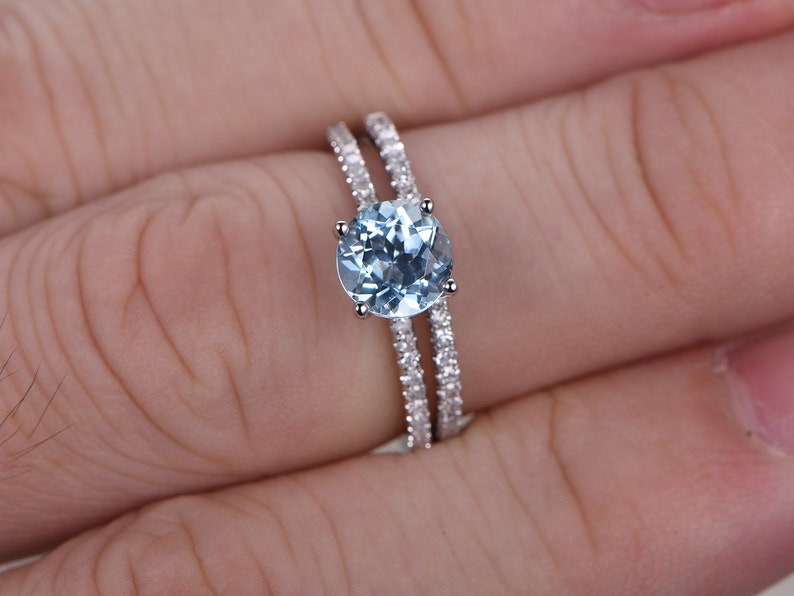 Aquamarine Wedding Ring Set 6.5mm Round Cut Aquamarine - Etsy