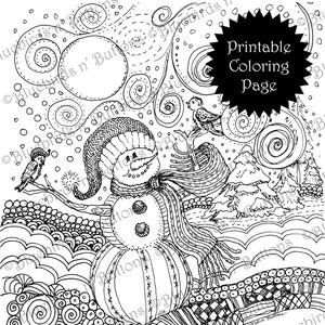 Coloring Page - Printable Coloring Page - January Coloring - Snowman Coloring Page - Download - Adult Coloring Page - Kids Coloring Pages